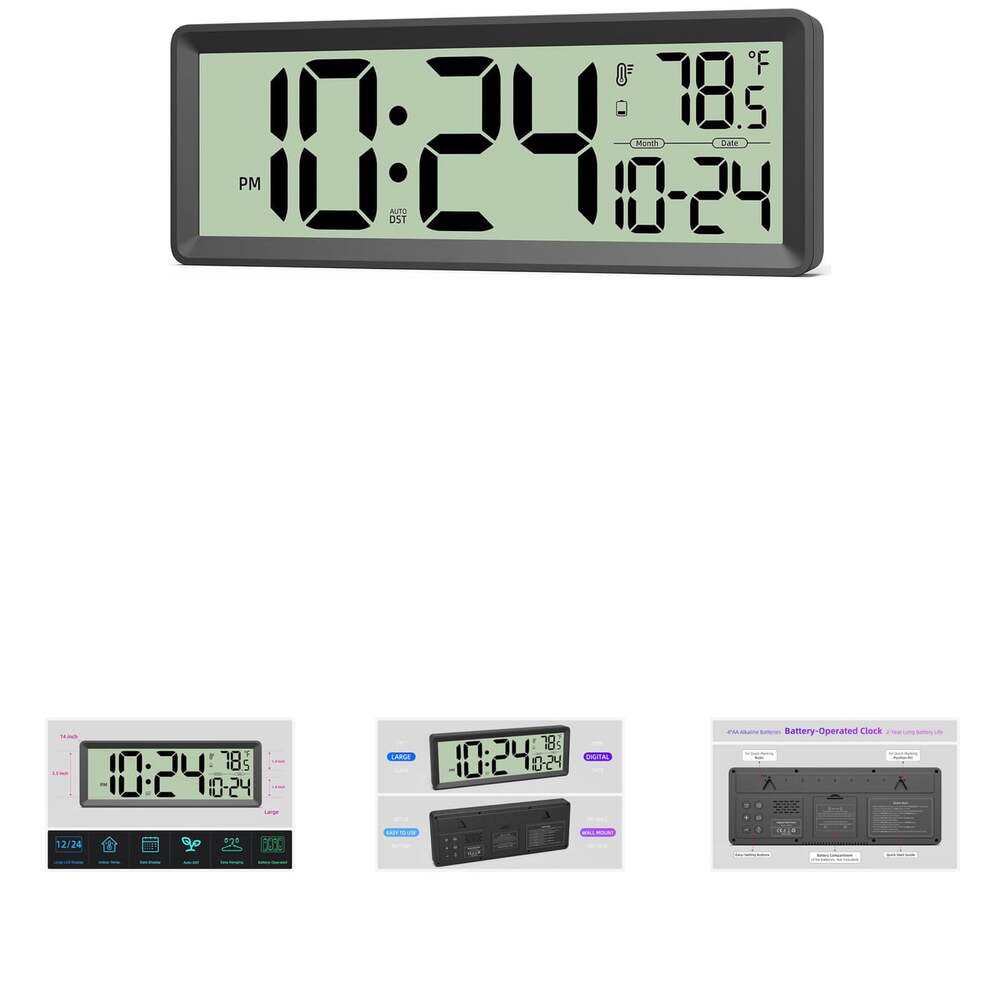 Digital Wall Clock 14 Inch Large Display Temperature Date DST Battery Operated